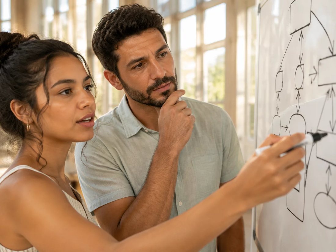 Dupla em pé diante de um quadro branco com o esqueleto de um argumento desenhado