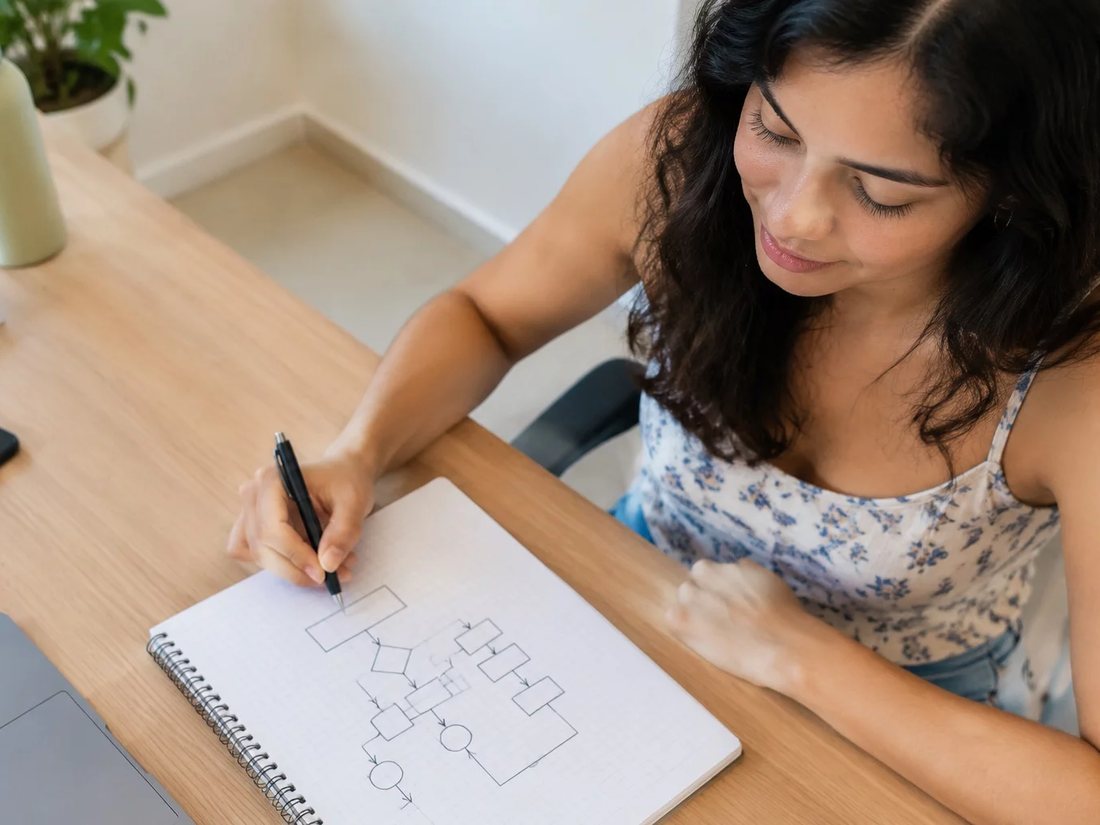 Duas pessoas relendo anotações num tablet apoiado numa mesa de madeira